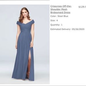New David’s bridal bridesmaid dress steel blue criss cross off the shoulder